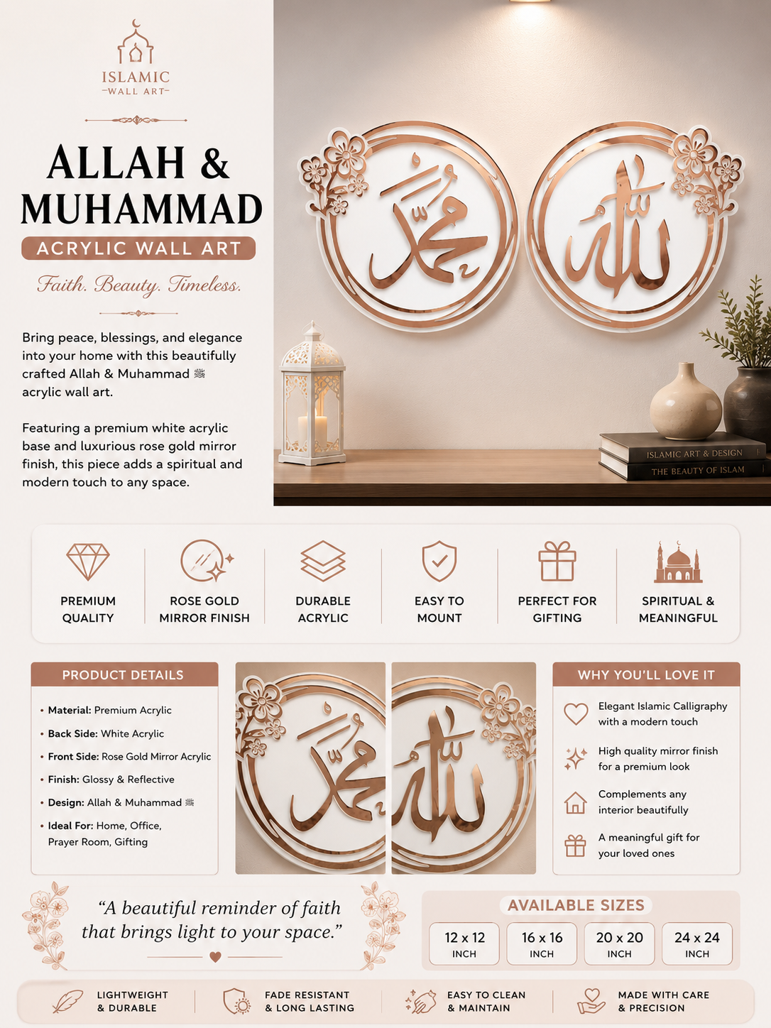 🌙 Product Title Allah & Muhammad ﷺ Islamic Acrylic Wall Art – Premium white & rose gold Mirror Finish