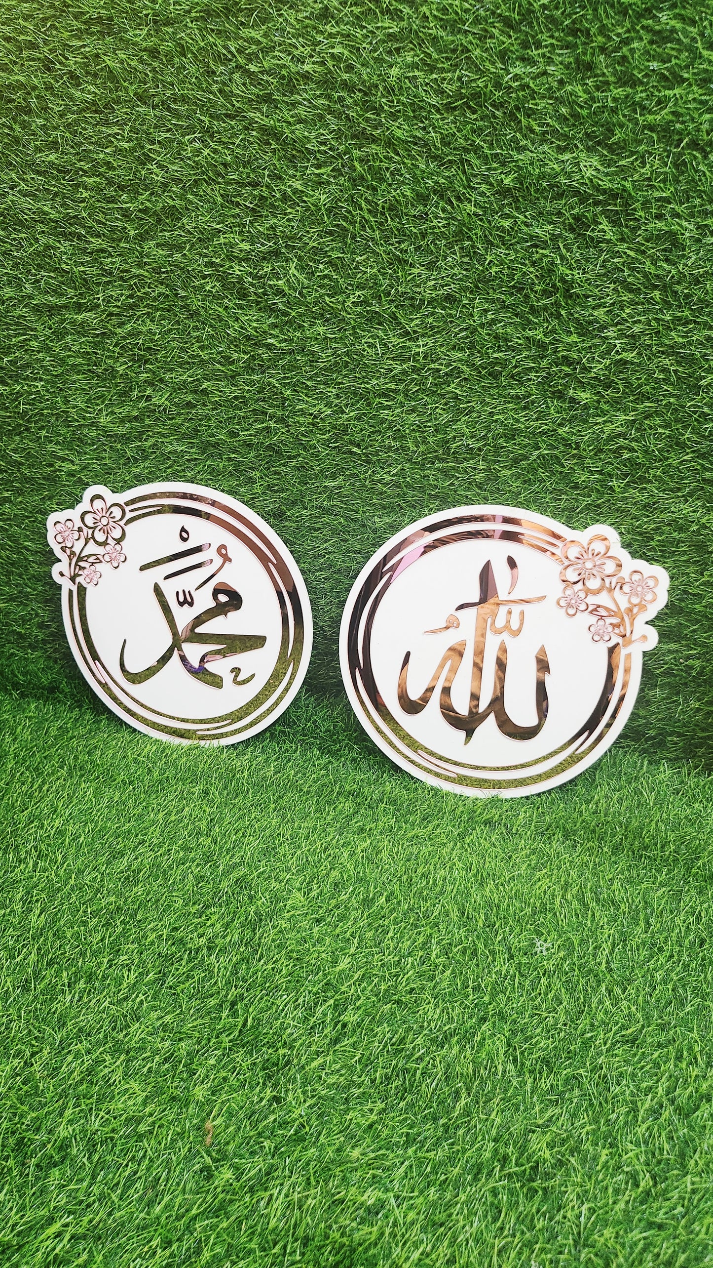 🌙 Product Title  Allah & Muhammad ﷺ Islamic Acrylic Wall Art – Premium white & rose gold Mirror Finish