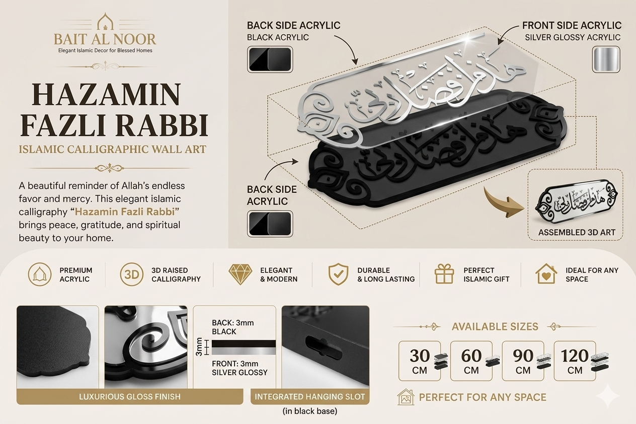 Hazamin Fazli Rabbi Islamic Calligraphic Wall Art – Elegant 3D Acrylic Islamic Décor